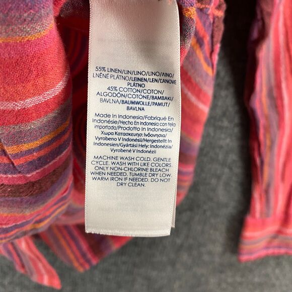 Chaps Blouse Top Womens M Pink Striped Linen Cotton Button Up Lagenlook Coastal - Picture 6 of 9